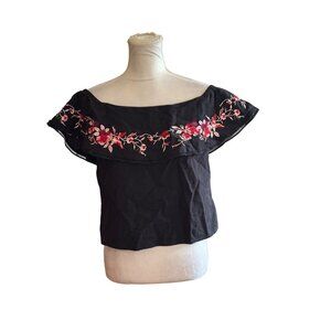 Lucy Paris Black Floral Embroidered Off Shoulder Top Linen Blend S Whimsical
